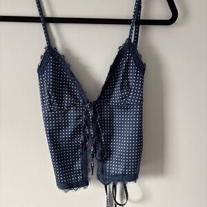 Edikted Navy and White Polka Dot Lace-Trim Tie Front Cami